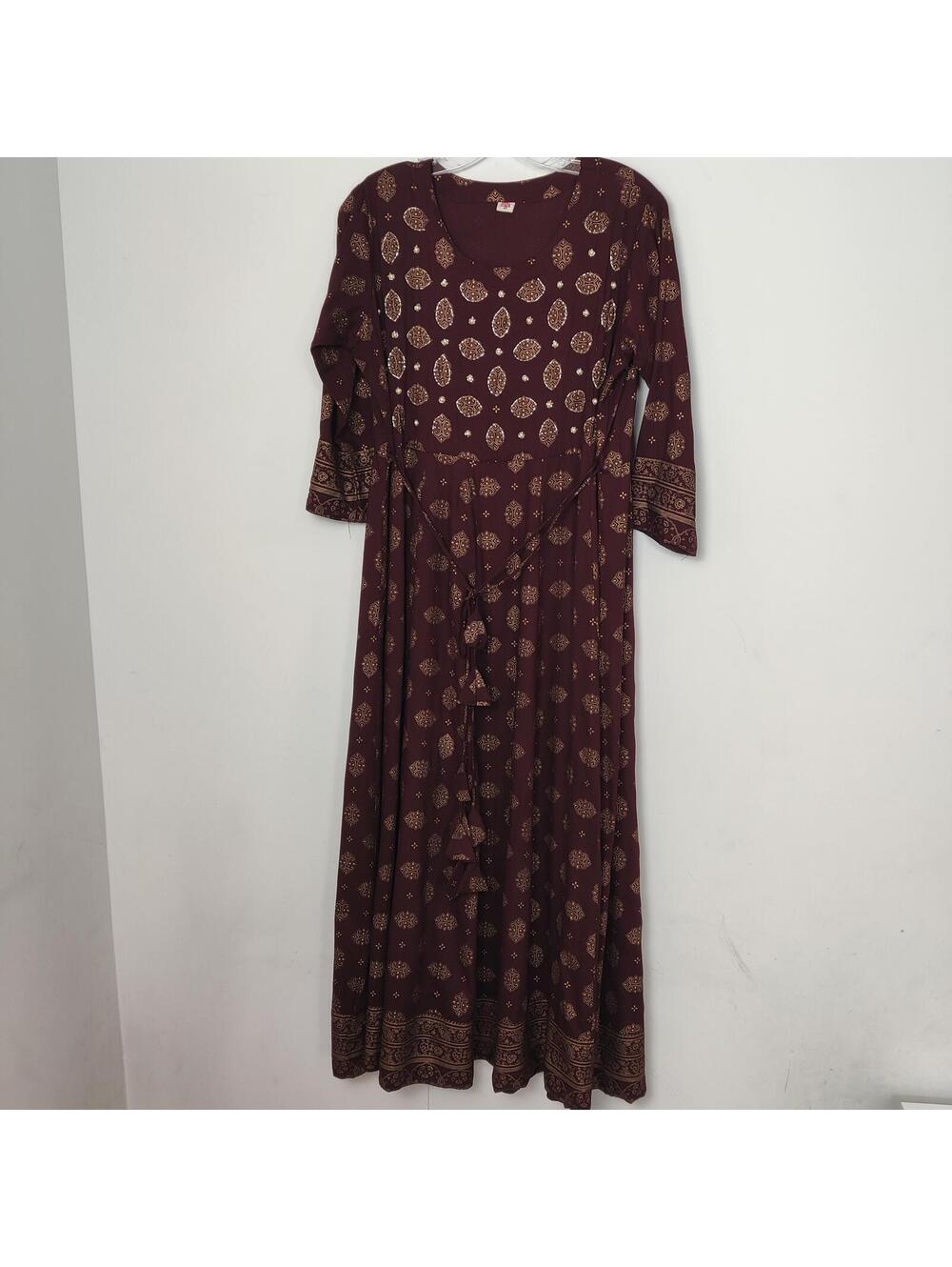 Women’s Burgundy Boho Maxi Dress Size 40 Paisley Print Ethnic Modest